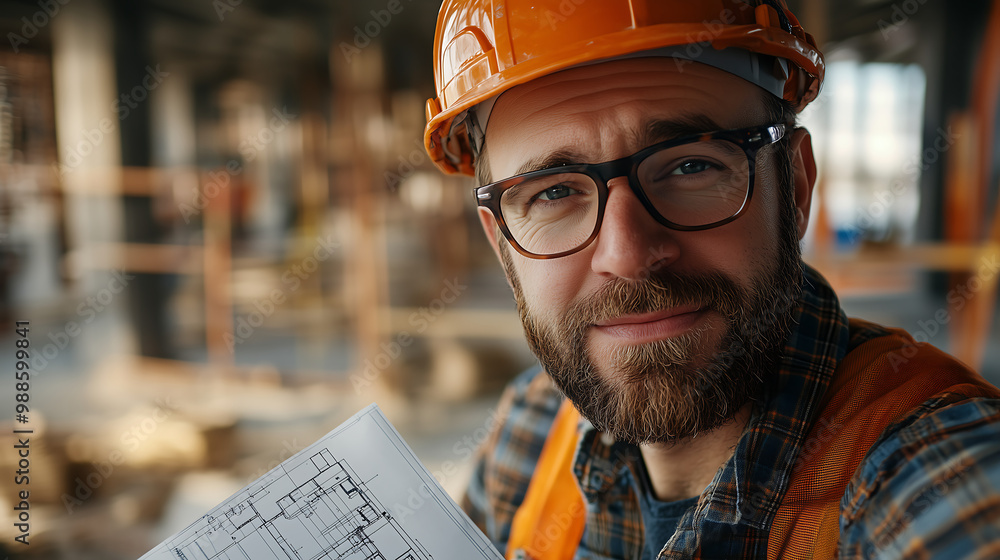 Construction architect taking a selfie on-site with a blueprint wearing a hardhat and safety gear Construction architect taking a selfie on-site with a blueprint wearing a hardhat and safety gear