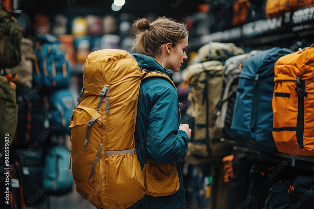 Obraz premium Young shopper with a backpack browses trekking gear at a sports store, carefully comparing different backpacks
