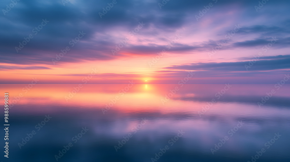 Fototapeta premium A colorful sunrise illuminating the horizon over a still mirror-like ocean surface.