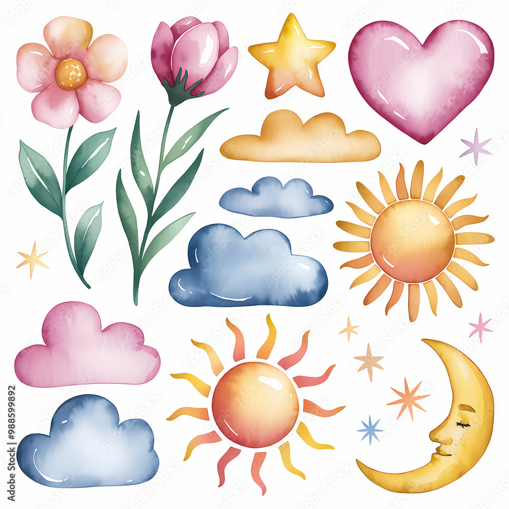 set of weather icons, set of watercolor decal clipart. Isolated on white background
set of weather icons, set of watercolor decal clipart. Isolated on white background