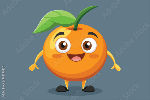 A cartoon orange character stands happily with arms outstretched against a gray background, a cartoon character of a Orange Fruit