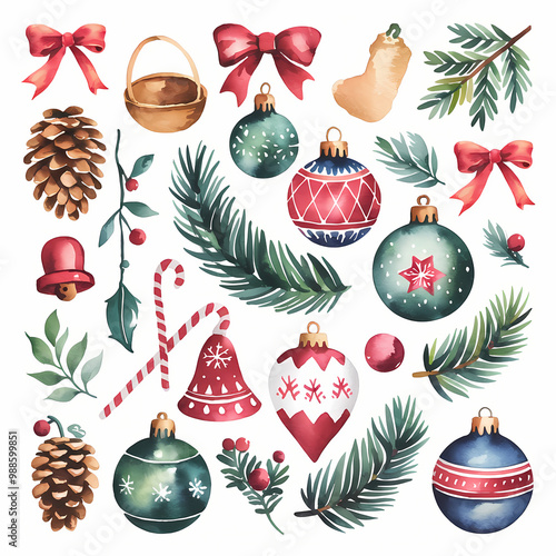 set of christmas elements, set of watercolor decal clipart. Isolated on white background

