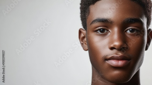 Biometric Face Detection and Recognition Concept With Teenage Male of Dark Brown Skin Tone in Soft Lighting on Plain Background