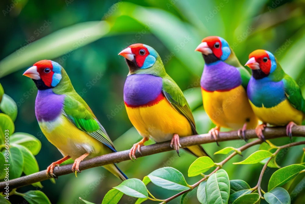 Obraz premium Amid lush greenery, vibrant Gouldian Finches perch on branches, brilliantly showcasing nature's colorful beauty in a