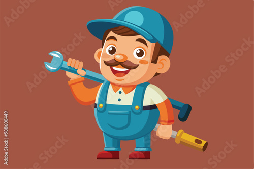 A cartoon plumber smiles while holding a wrench and pipe, ready to tackle any plumbing challenge, a cartoon character of a Plumber with pipe