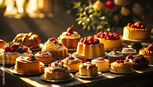 Indulgent spread of delectable pastries and cakes glowing in warm golden light photo