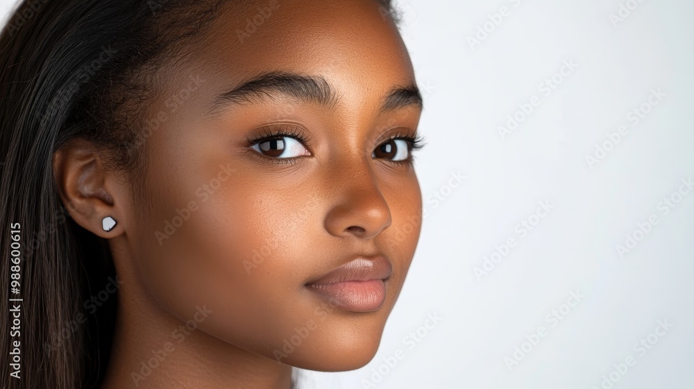 Naklejka premium Biometric Face Detection of Middle-Aged Woman with Deep Warm Brown Skin Tone in Soft Lighting on Plain Background