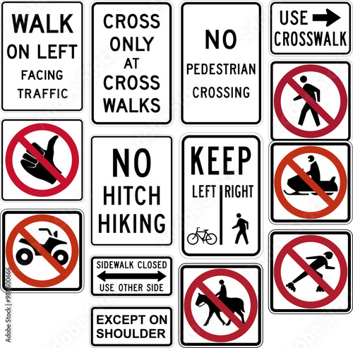 Comprehensive Collection of Pedestrian and Vehicle Prohibition Signs: No Pedestrians, Hitchhiking, Bicycles, Skaters, Equestrians, and Off-Road Vehicles for Road Safety. Road signs in the United State
