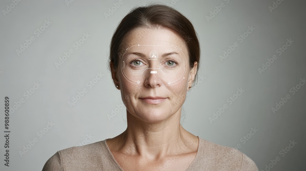 Biometric Face Detection of Middle-Aged Female with Warm Ivory Skin Tone in Soft Lighting Against Plain Background Biometric Face Detection of Middle-Aged Female with Warm Ivory Skin Tone in Soft Lighting Against Plain Background