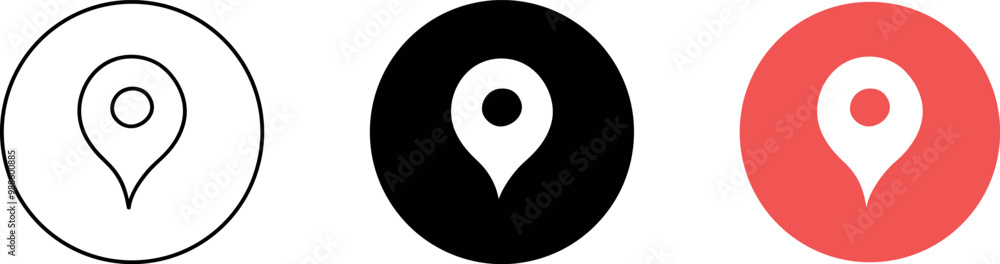 Push location icon set. Place position vector symbol. Outline, black, red color. Gps map pin line icon. Navigation pointer pin sign for apps and websites. Vector illustration Push location icon set. Place position vector symbol. Outline, black, red color. Gps map pin line icon. Navigation pointer pin sign for apps and websites. Vector illustration