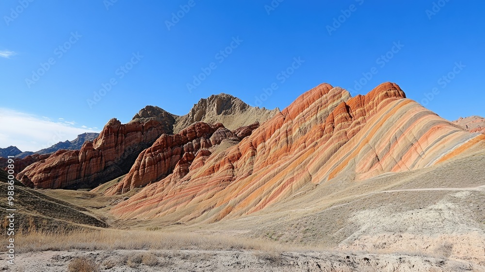 Naklejka premium The vivid hues of Zhangye Danxia landform under a bright blue sky, showing off the distinctive patterns and textures of the rock.