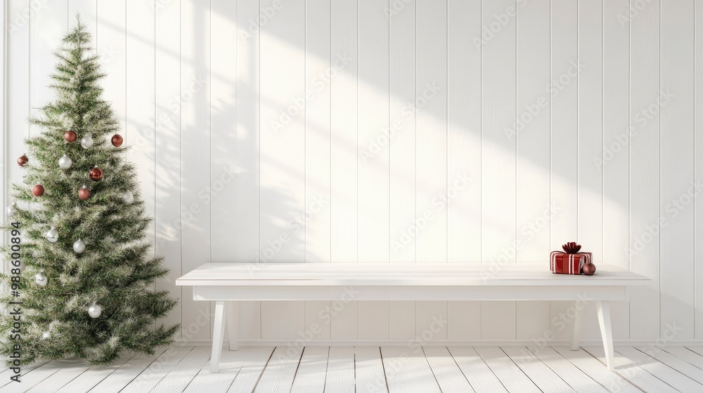 Empty white wooden table in room with Christmas tree. Banner with space for design with generative ai Empty white wooden table in room with Christmas tree. Banner with space for design with generative ai