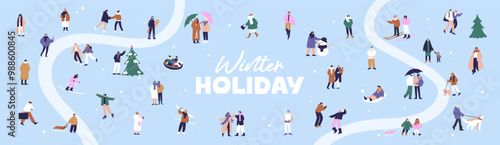 People have fun in winter holidays horizontal banner. Background with wintertime activities. Happy friends, couples, families ski, play snowballs, walk dogs, tubing outdoors. Flat vector illustration