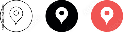 Push location icon set. Place position vector symbol. Outline, black, red color. Gps map pin line icon. Navigation pointer pin sign for apps and websites. Vector illustration