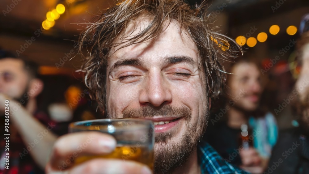 Man enjoying drinks at a lively party. Candid moment. Celebration concept. Event application. Social media, advertising, flyer Man enjoying drinks at a lively party. Candid moment. Celebration concept. Event application. Social media, advertising, flyer