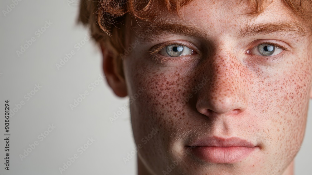 Obraz premium Biometric Face Detection of Middle-Aged Fair-Skinned Male with Freckles in Soft Lighting on Plain Background