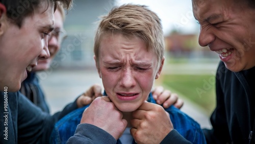 High school bullying. Emotional scene. Fearful expression. Education awareness. Social issue for awareness campaign. Close-up view.