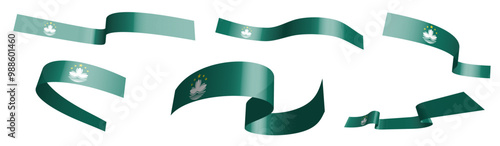Set of holiday ribbons. Macau flag waving in wind. Separation into lower and upper layers. Design element. Vector on white background