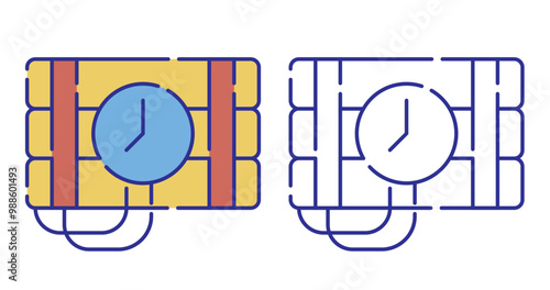 Thin line stroked color icon. Bunch of cylinders with dynamite. Timer on with clock on explosives. Simple vector isolated on white background
