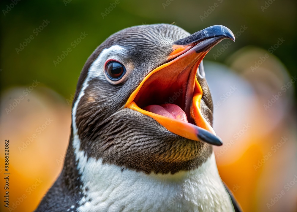 Naklejka premium A penguin's wide, gaping mouth yields a glimpse of its razor-sharp teeth, meticulously aligned, alongside a bright