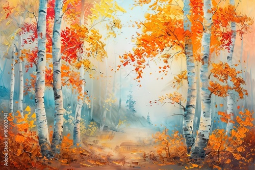 Oil painting landscape, colorful autumn trees. Semi abstract paintings image of forest, aspen tree with yellow, red leaf. Fall season nature background. Hand Painted Impressionist, outdoor landscape photo