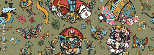 Cats pattern. Portrait of kitty geisha princess and sailor cat. Seamless pattern. Old school tattoo. Asian art style. Traditional oriental tattooing background