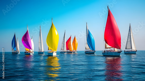 A fleet of colorful sailboats racing in the open sea under a clear blue sky with their sails catching the wind.