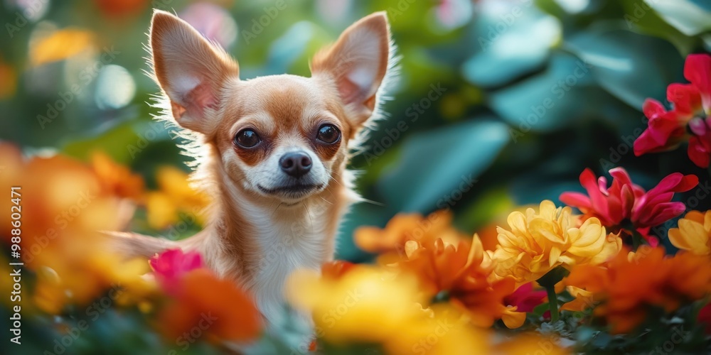 Small dog in flower field Small dog in flower field