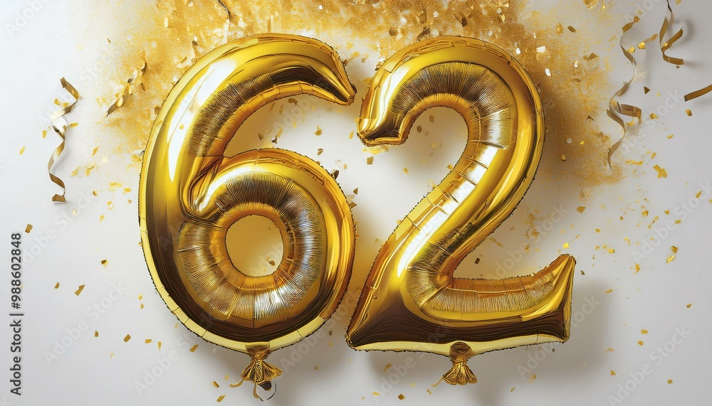 Gold birthday / anniversary balloon, number 62, white background with confetti Gold birthday / anniversary balloon, number 62, white background with confetti