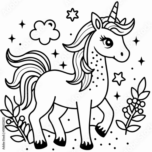 unicorn black outline illustration for kids coloring book 