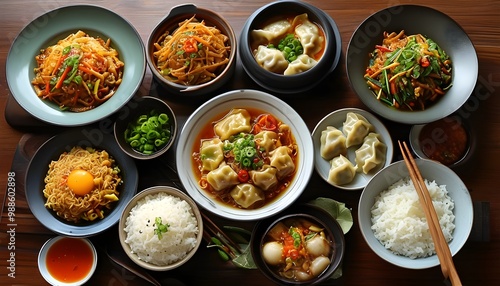 Delectable Asian feast showcasing stir-fries, noodles, dumplings, and rice on a beautifully set table