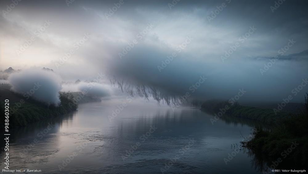 morning scene, where a thick layer of fog or mist majestically spreads across the calm, dark water of a serene river, blending seamlessly with the surrounding environment, evoking a sense of mystery morning scene, where a thick layer of fog or mist majestically spreads across the calm, dark water of a serene river, blending seamlessly with the surrounding environment, evoking a sense of mystery
