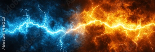 Blue And Orange Electrical Lightning Storm Background With Dramatic Sky, Thunder And Sparkle