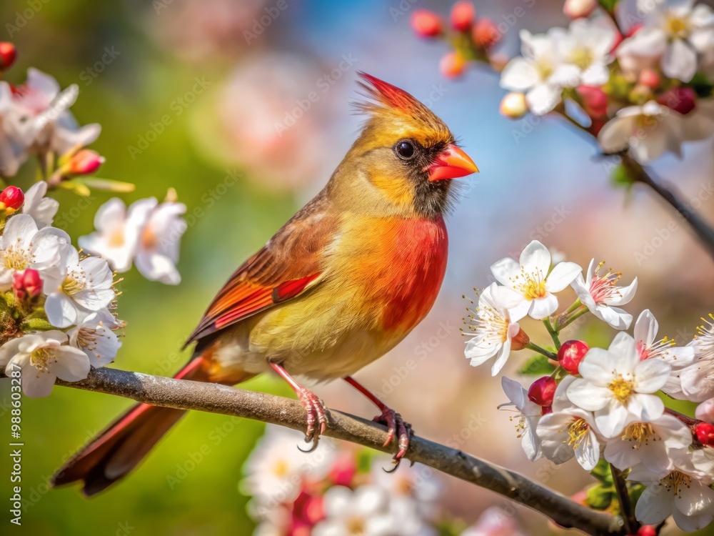 A ravishing cardinal alights upon a blooming branch, her intense red plumage glowing against the serene backdrop of A ravishing cardinal alights upon a blooming branch, her intense red plumage glowing against the serene backdrop of