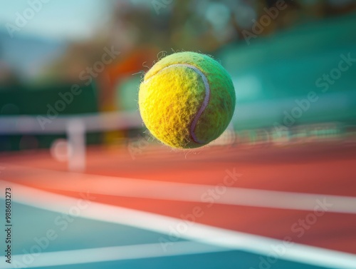 A tennis ball suspended in the air above the court, with a blurred background highlighting the speed of the game photo