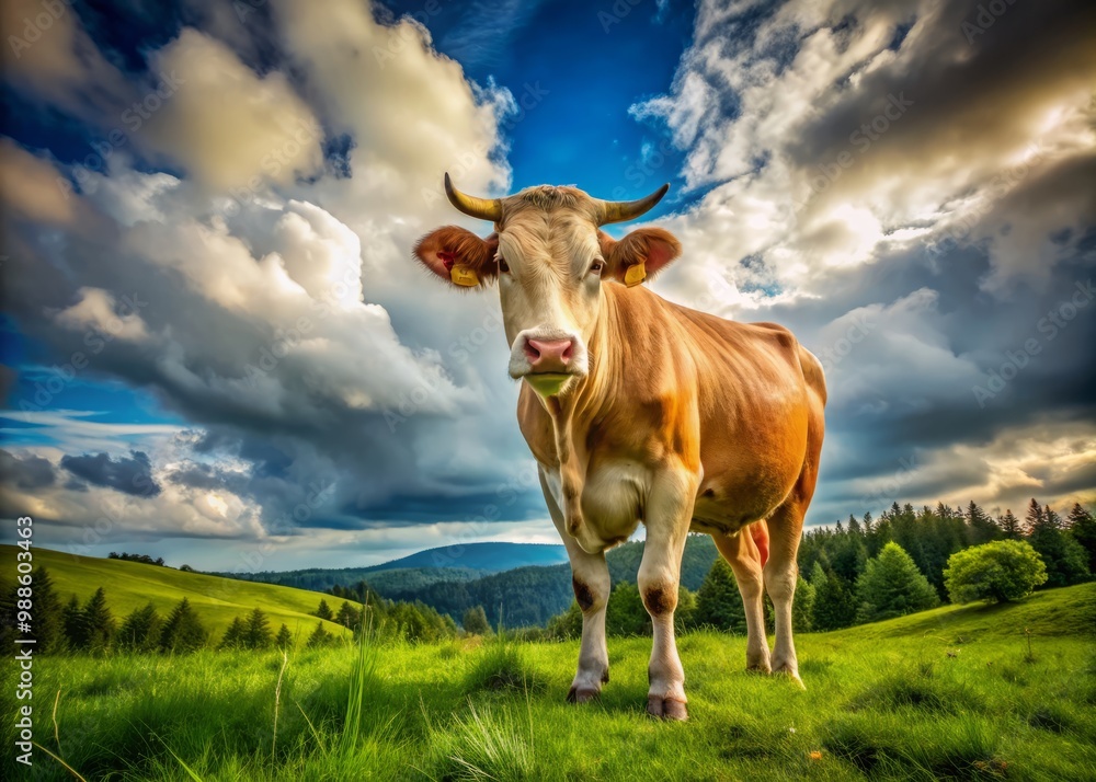 A regal bovine stands tall in verdant meadow, its imposing size and gentle nature capturing the essence of A regal bovine stands tall in verdant meadow, its imposing size and gentle nature capturing the essence of