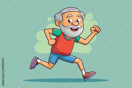 A cheerful elderly man jogs happily in a vibrant environment, embracing fitness and vitality, a cartoon character old man jogging