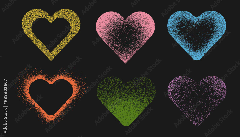 Set of gradient grain color heart shape. Elements multicolor design on black background. Hearts with faded gradation of noise grain. Set of gradient grain color heart shape. Elements multicolor design on black background. Hearts with faded gradation of noise grain.