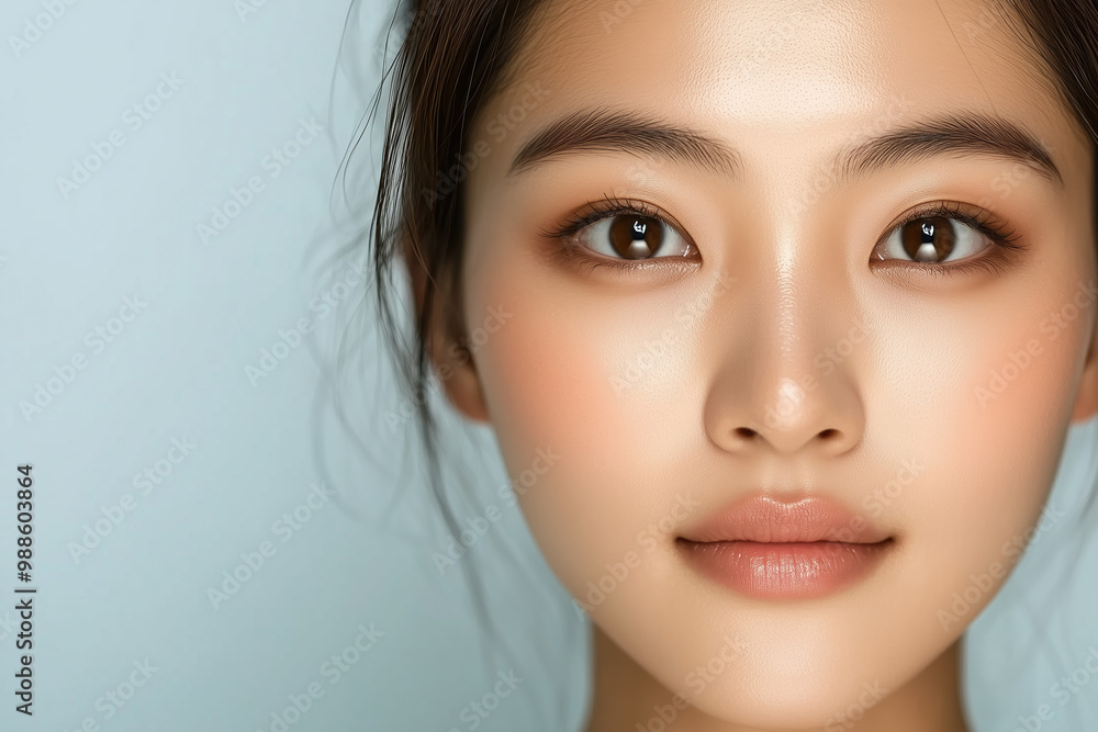 Fototapeta premium Beautiful South Korean Woman Using Salicylic Acid Skincare Treatment to Reduce Inflammation and Achieve Clear Glowing Skin