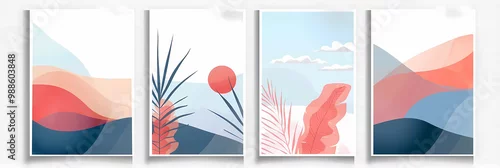 Panel kuchenny z motywem A set of four abstract prints with colorful shapes and foliage. The prints feature a soft, muted color palette.