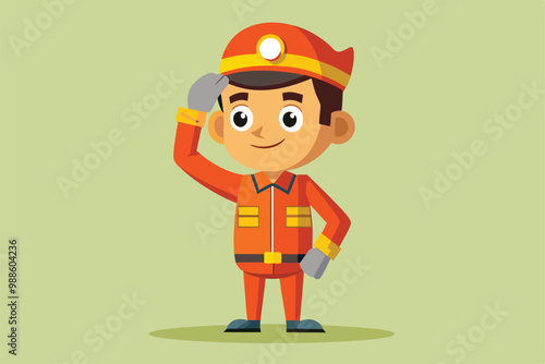 A cartoon character in an orange uniform sharply salutes, displaying a cheerful demeanor, a cartoon character orange uniform saluting