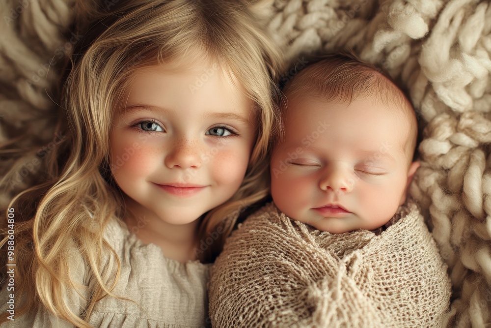 Little girl with a newborn baby brother, Generative AI Little girl with a newborn baby brother, Generative AI