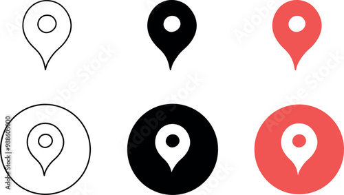 Push location icon set. Place position vector symbol. Outline, black, red color. Gps map pin line icon. Navigation pointer pin sign for apps and websites. Vector illustration