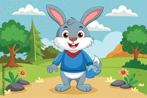 A friendly cartoon rabbit invites kids to explore a fun coloring activity in a lively outdoor environment, a cartoon character Rabbit, colouring book for kids