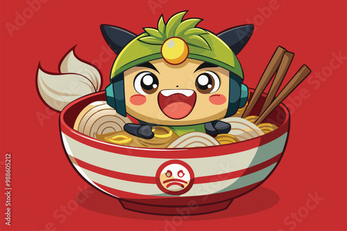 A joyful character with headphones happily sits in a bowl of ramen noodles, a cartoon character ramen noodle bowl