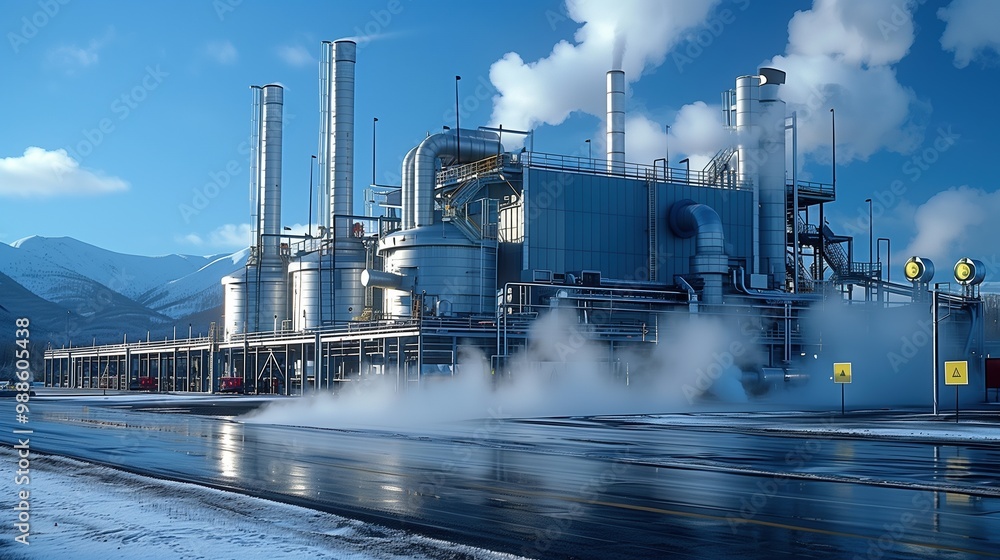Obraz premium Geothermal power plant. Green energy. Geothermal power plant pipeline and steam. Clean green renewable energy. Alternative energy. Clean ecology. Environmental protection. Healthy lifestyle