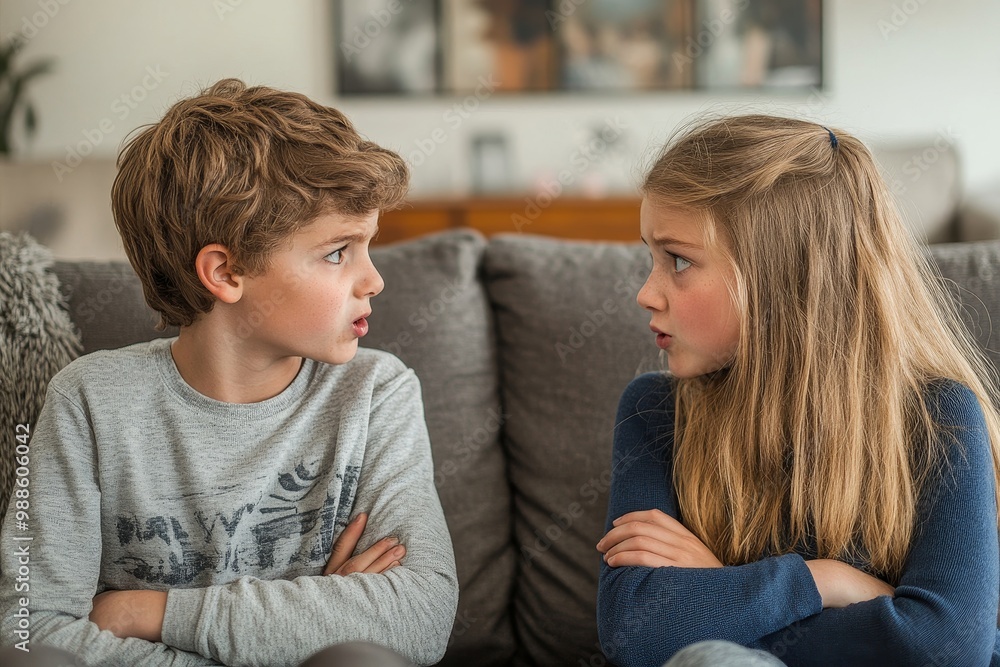 Brother arguing with sister on sofa at home, Generative AI Brother arguing with sister on sofa at home, Generative AI