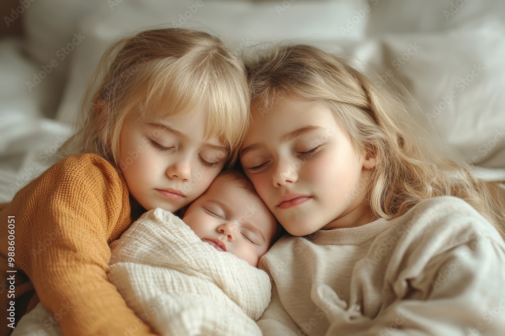 cute chubby baby sleeps on bed next to an older sibling, children are siblings together. older sister kisses and hugs the baby. In real cozy interior, Generative AI cute chubby baby sleeps on bed next to an older sibling, children are siblings together. older sister kisses and hugs the baby. In real cozy interior, Generative AI