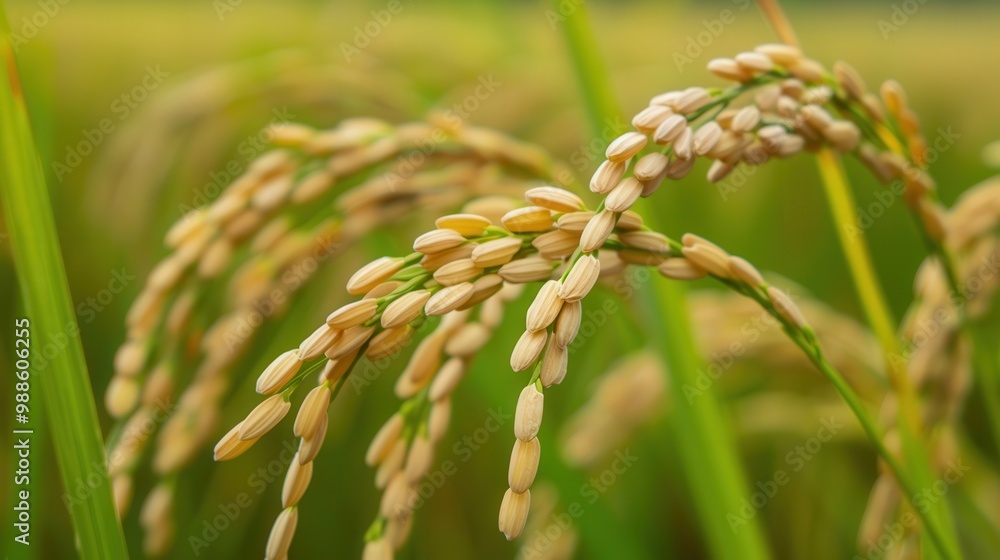 Naklejka premium Rice grains glistening on the stalk in a lush paddy field, showcasing the vibrant green hues of nature and the intricate details of agricultural life.