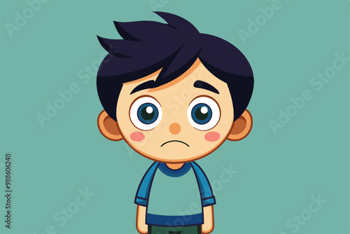 A cartoon boy with a frown stands quietly, expressing feelings of sadness and loneliness, a cartoon character Sad boy